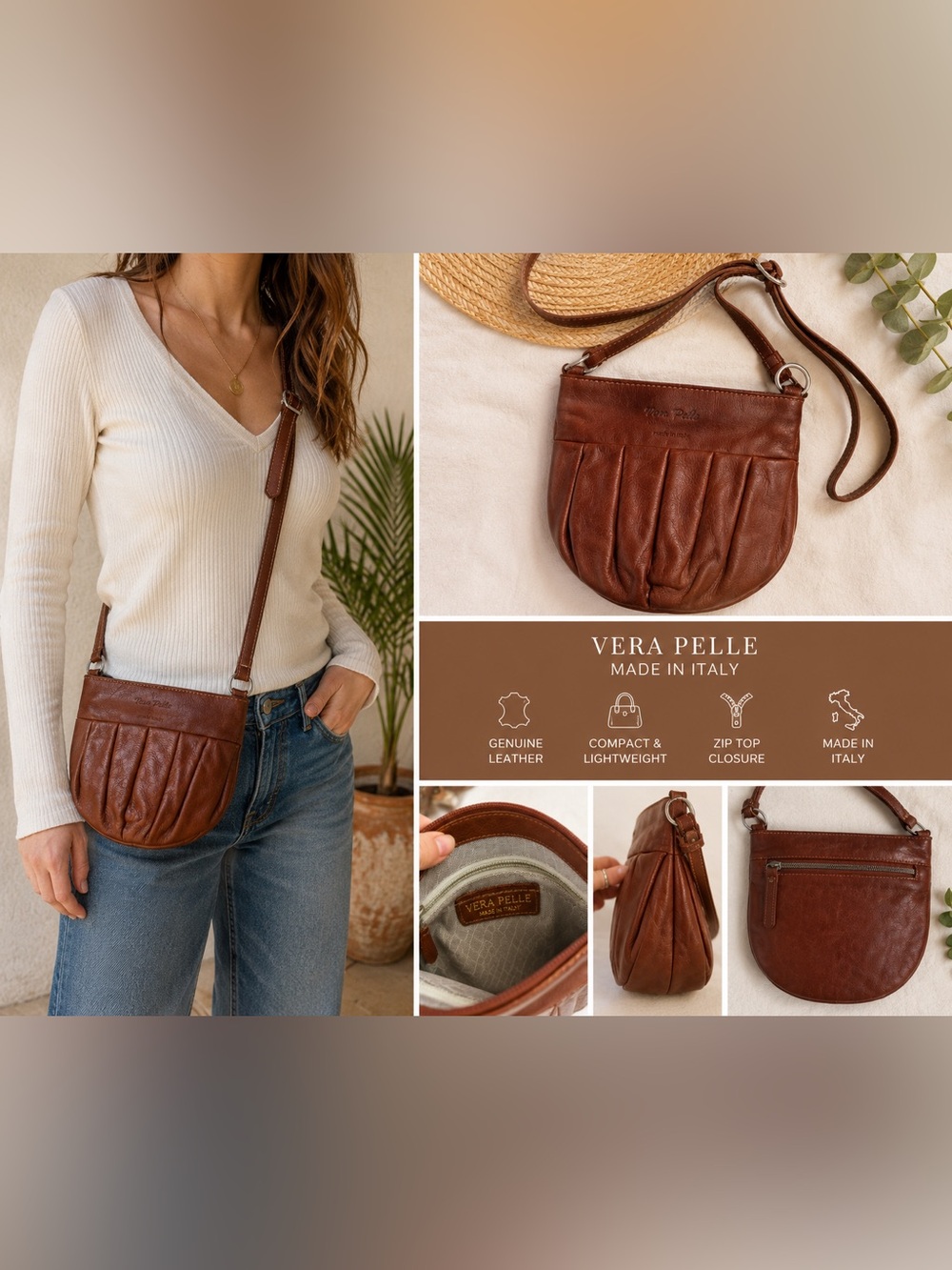 Vera Pelle Made In Italy Genuine Leather Brown Crossbody Bag Mini Pleated Purse
